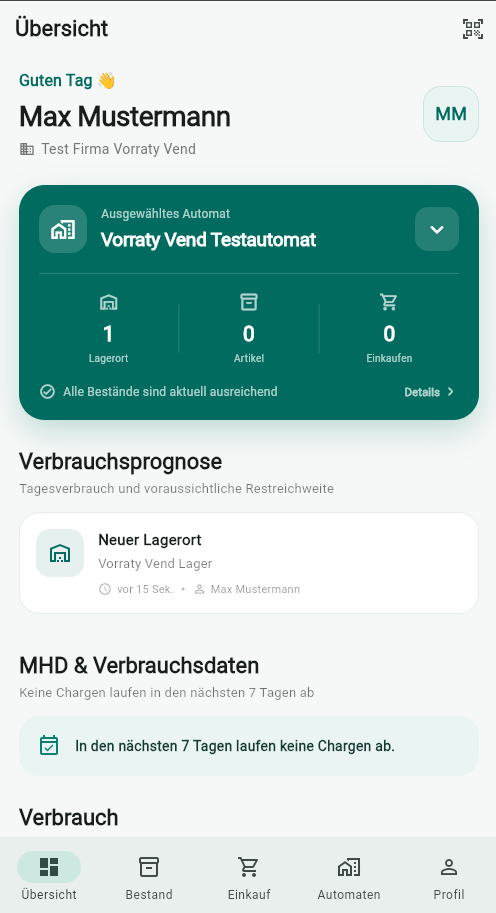 Vorraty Vend Übersicht mit Automat, Bestand und Verbrauchsprognose