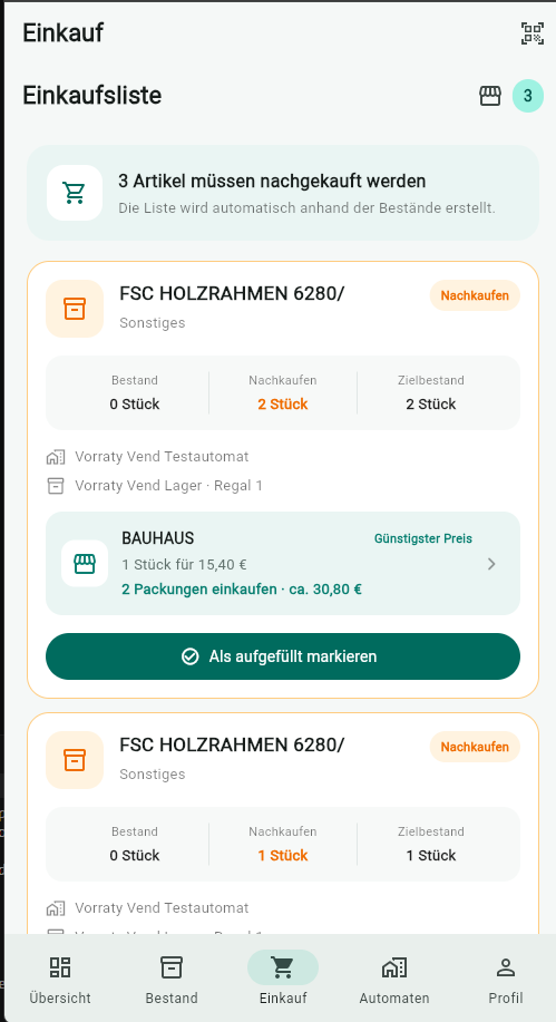 Nachkaufen, bevor etwas fehlt in Vorraty Vend