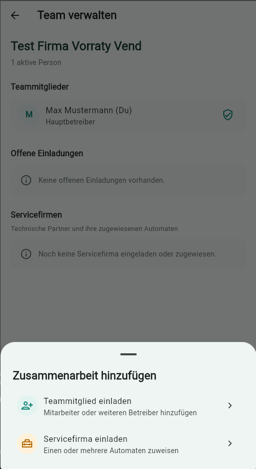 Teammitglieder und Servicefirmen in Vorraty Vend verwalten